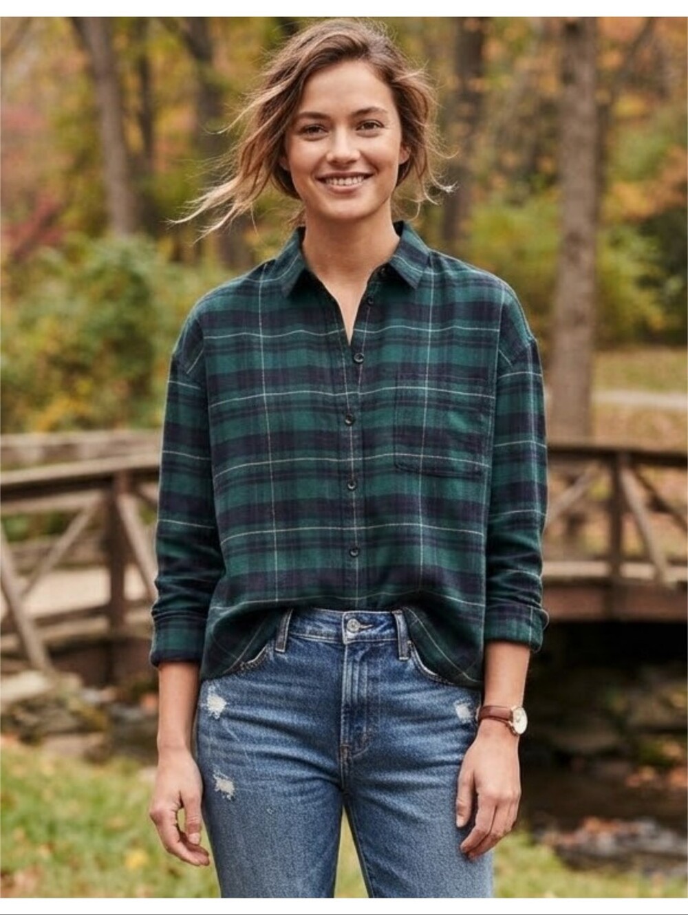 Madewell Westlake  Flannel button down Green & Navy Size XS